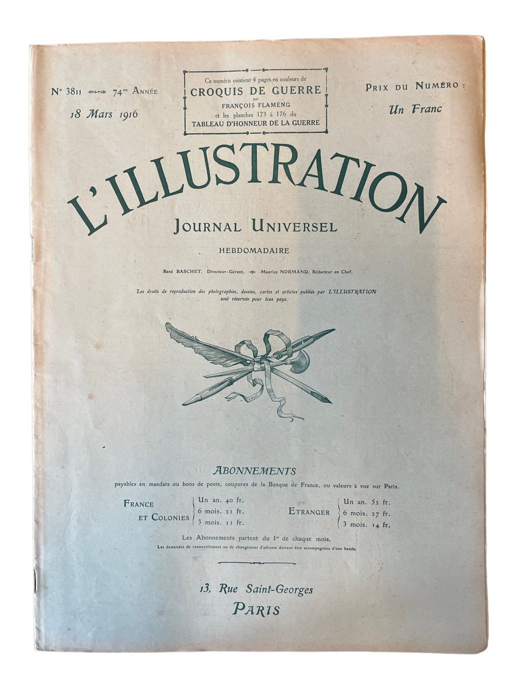 Antique French L’Illustration Le Magazine Journal Universel Hebdomaderie Number 3811 Memorabilia Collector 18th Mars March 1916 / EVE