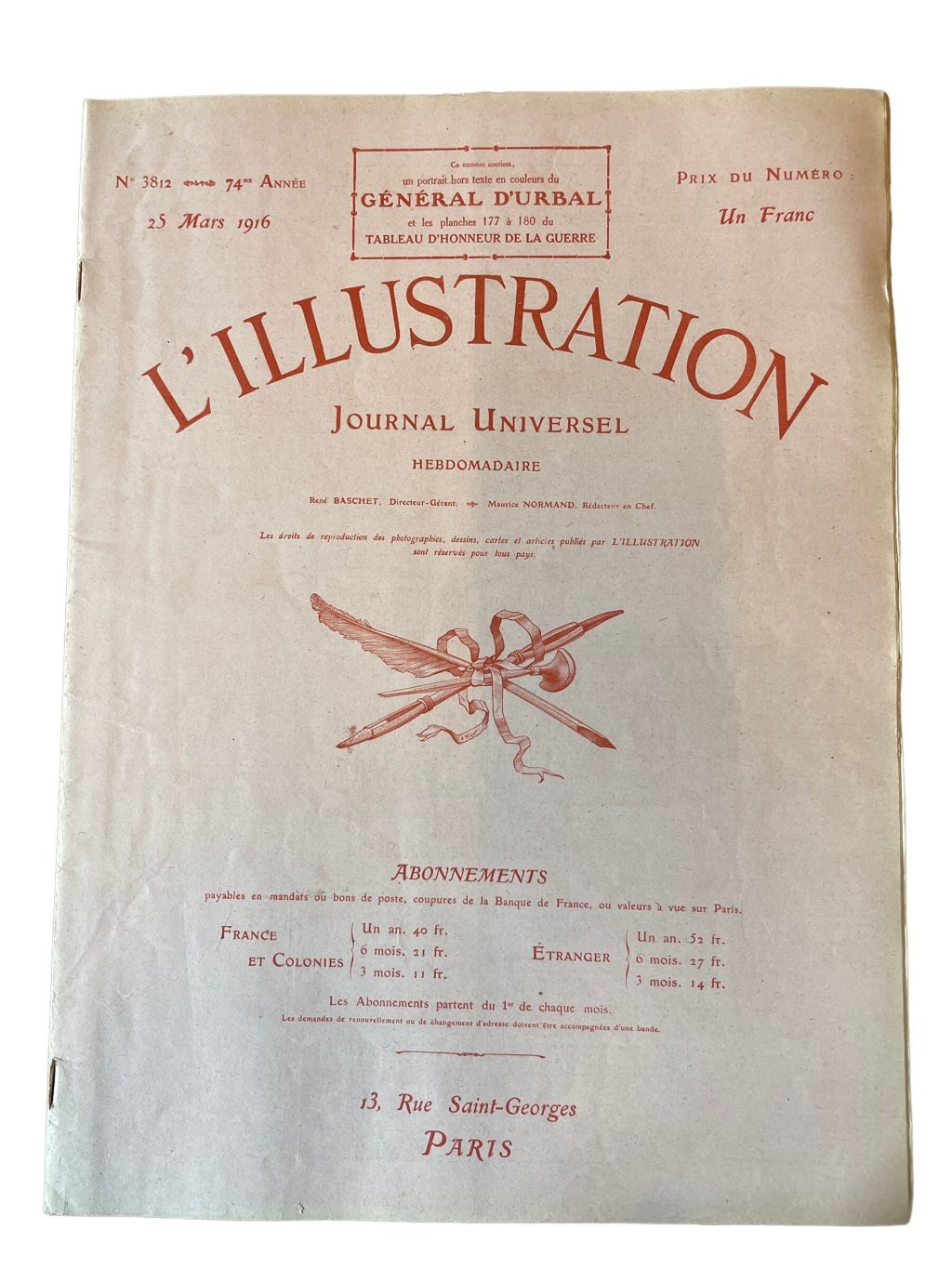 Antique French L'Illustration Le Magazine Journal Universel Hebdomaderie Number 3812 Memorabilia Collector 25th Mars March 1916 / EVE