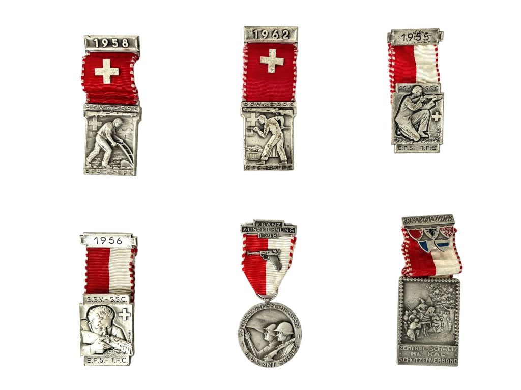 Vintage Swiss Sports Trophy Medals Collection Of Six Pin Badge Medal Pins Badges Assorted Mixed c1955-1962