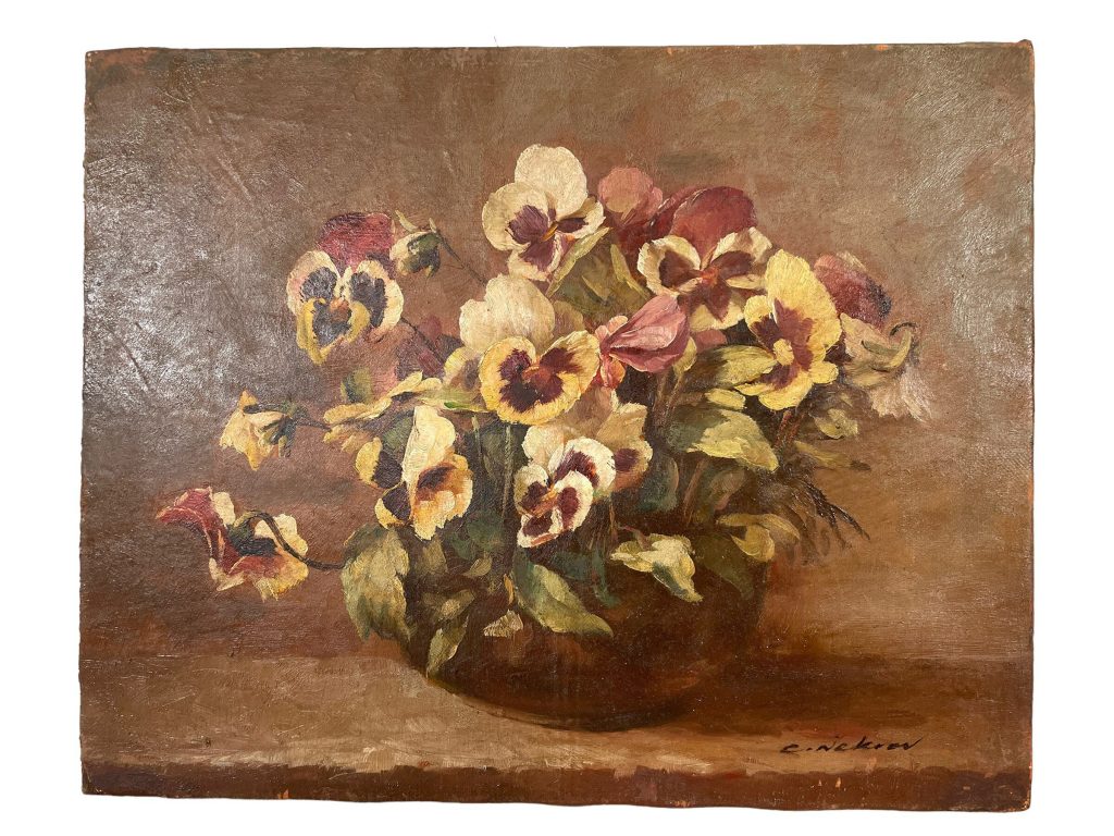 Vintage French Still Life Flowers Pansies Study Oil Painting On Canvas Interpretation Of Henri Fantin Latour Signed circa 1950-60’s / EVE