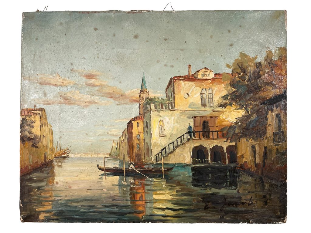 Vintage Italian Venice Canal Gondolier Boats Painting Oil Skyline Marina Harbour Coast On Canvas by E Jacob circa 1950-60’s / EVE