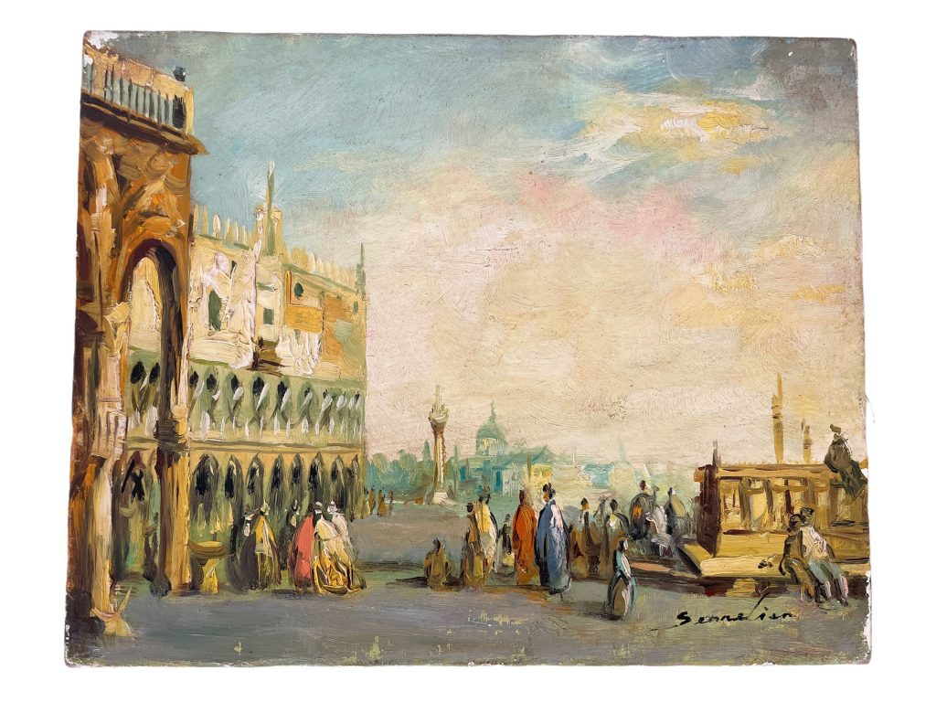 Vintage Italian Venice Piazza San Marco Painting Oil Skyline Marina Harbour Coast On Canvas by Senneian circa 1950-60’s / EVE