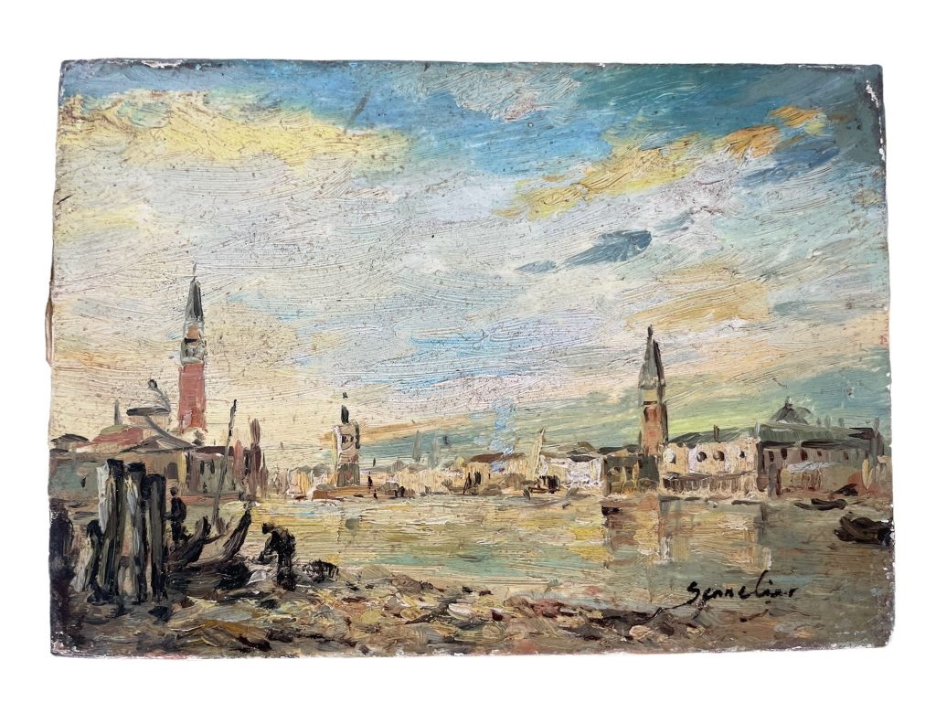Vintage Italian Venice Piazza San Marco Painting Oil Skyline Marina Harbour Coast On Canvas by Senneian circa 1950-60’s / EVE
