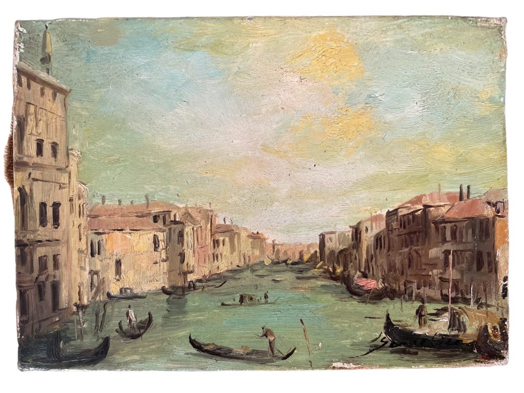 Vintage Italian Venice Canal Gondolier Boats Painting Oil Skyline Marina Harbour Coast On Canvas by Senneline circa 1950-60’s / EVE