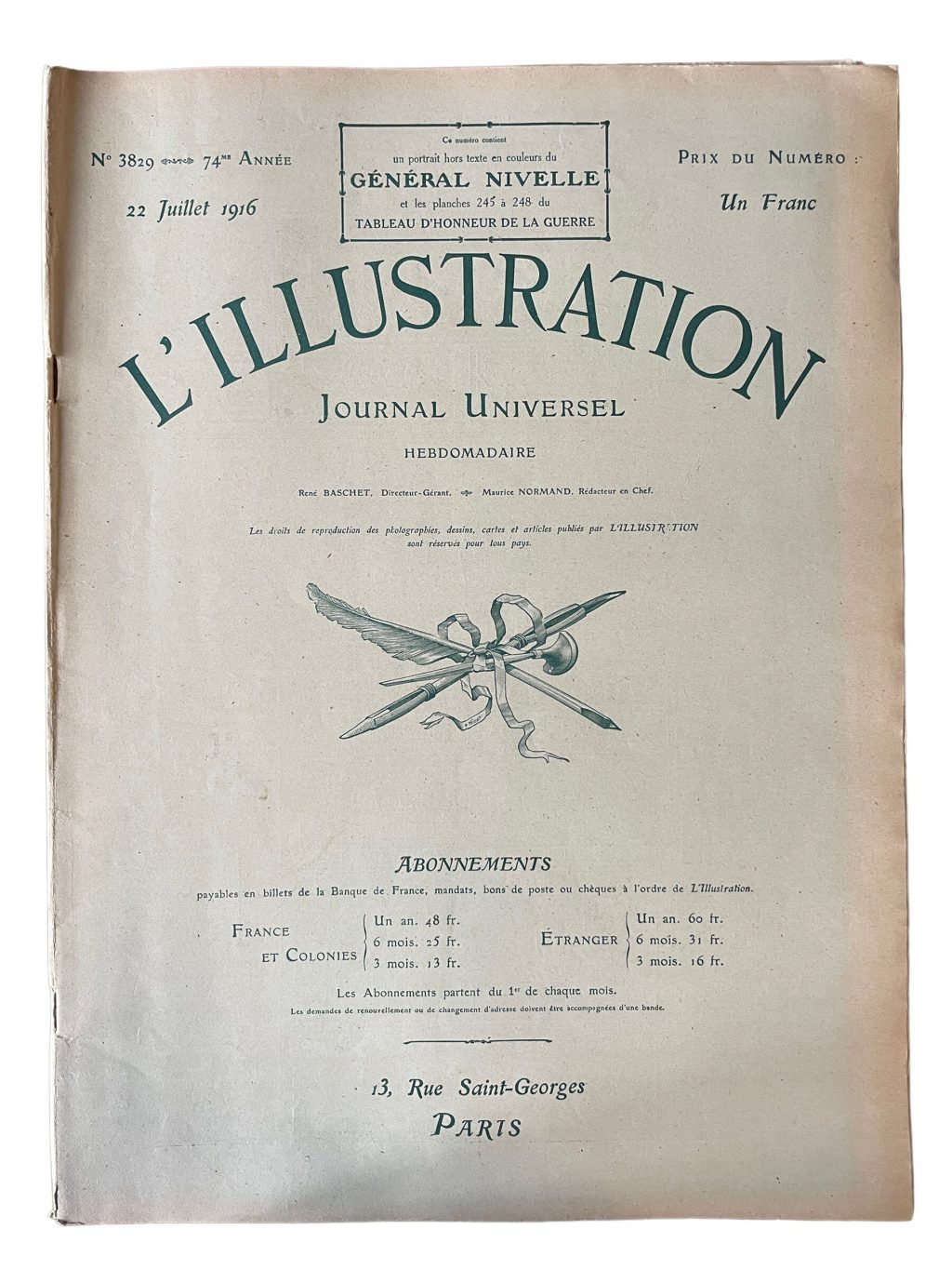 Antique French L’Illustration Le Magazine Journal Universel Hebdomaderie Number 3819 Memorabilia Collector 22 Juillet July 1916 / EVE