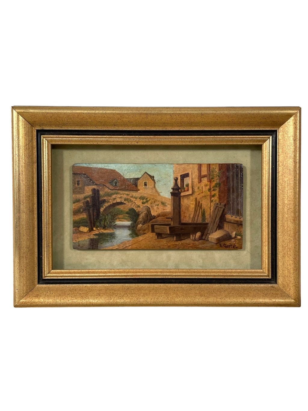 Vintage Oil Painting On Wood Signed L. Gortot Reframed River Bridge House Village circa 1960-70’s