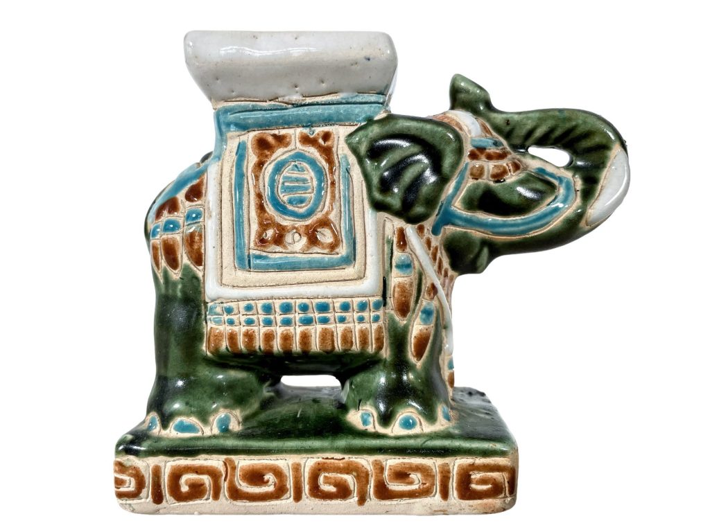 Vintage French Elephant Ceramic Pot Stand Plinth Rest Turquoise Green Vase Pot Dry Flowers Decor c1970-80’s