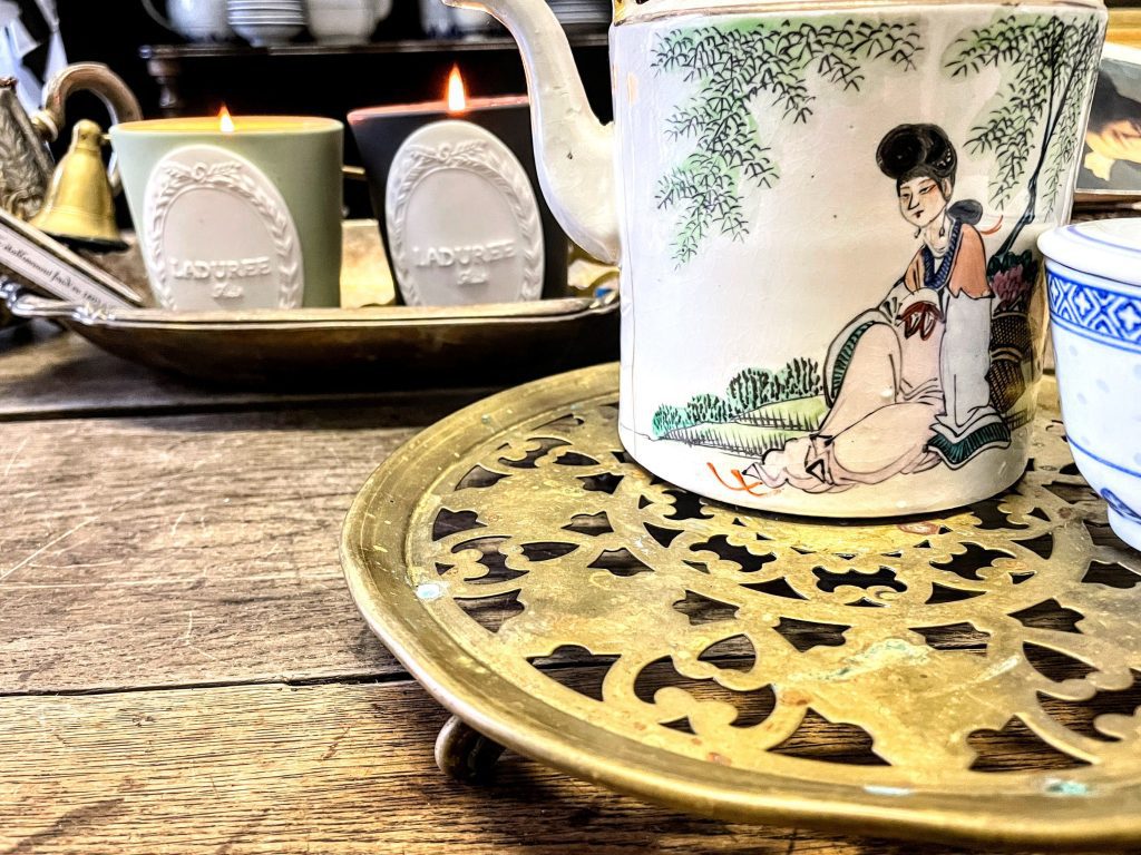 Antique French Brass Metal Circular Trivet Plate Tray Dish Bowl Platter On Wheels Decorative Table Top c1910's