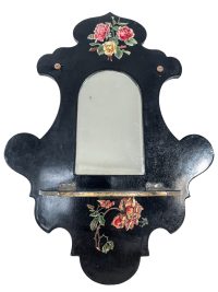 Antique French Black Lacquered Roses De Coupage Wooden Mirror Glass Wall Decorative circa 1920’s / EVE 4