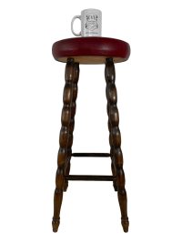 Alternative view of Vintage French Tall Cushioned Wooden Stool Chair Seat Kitchen Bar Side Table Kitchen Display Prop Bergundy circa 1970-80's