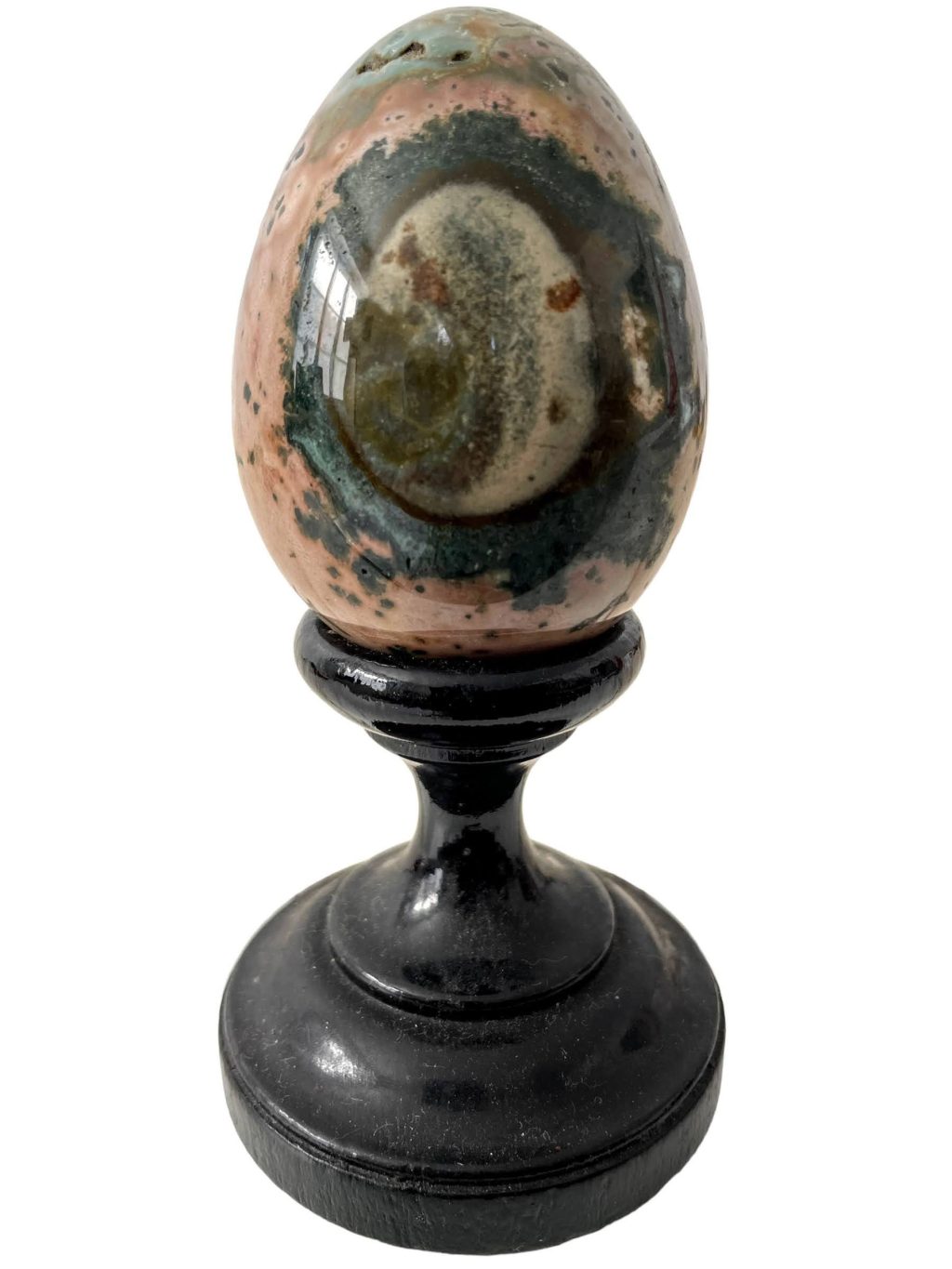 Vintage French Jasper Stone Egg Ornament On Stand Figurine Kitchen Display Piece Prop c1960-70’s