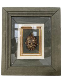 Vintage African Framed Small Tiny Brass Mask In Fabric Lined Shadowbox Face Decor Tribal Wall Hanging c1970-80’s