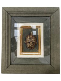 Vintage African Framed Small Tiny Brass Mask In Fabric Lined Shadowbox Face Decor Tribal Wall Hanging c1970-80's