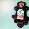 Antique French Black Lacquered Roses De Coupage Wooden Mirror Glass Wall Decorative circa 1920's / EVE
