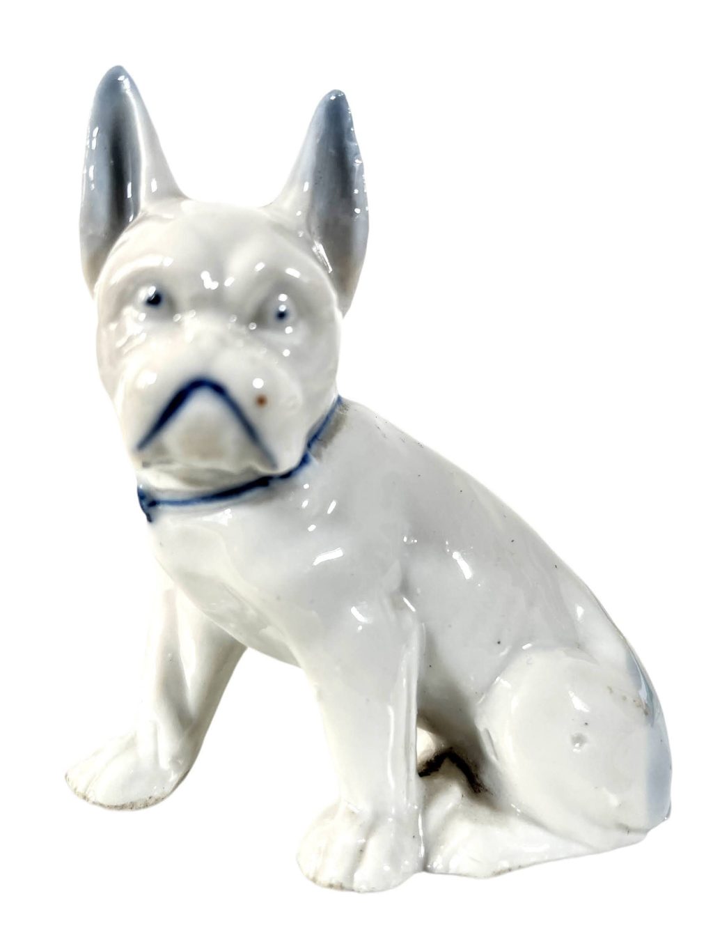 Vintage French Bulldog White Blue Ceramic Dog Ornament Figurine Display c1960-70's
