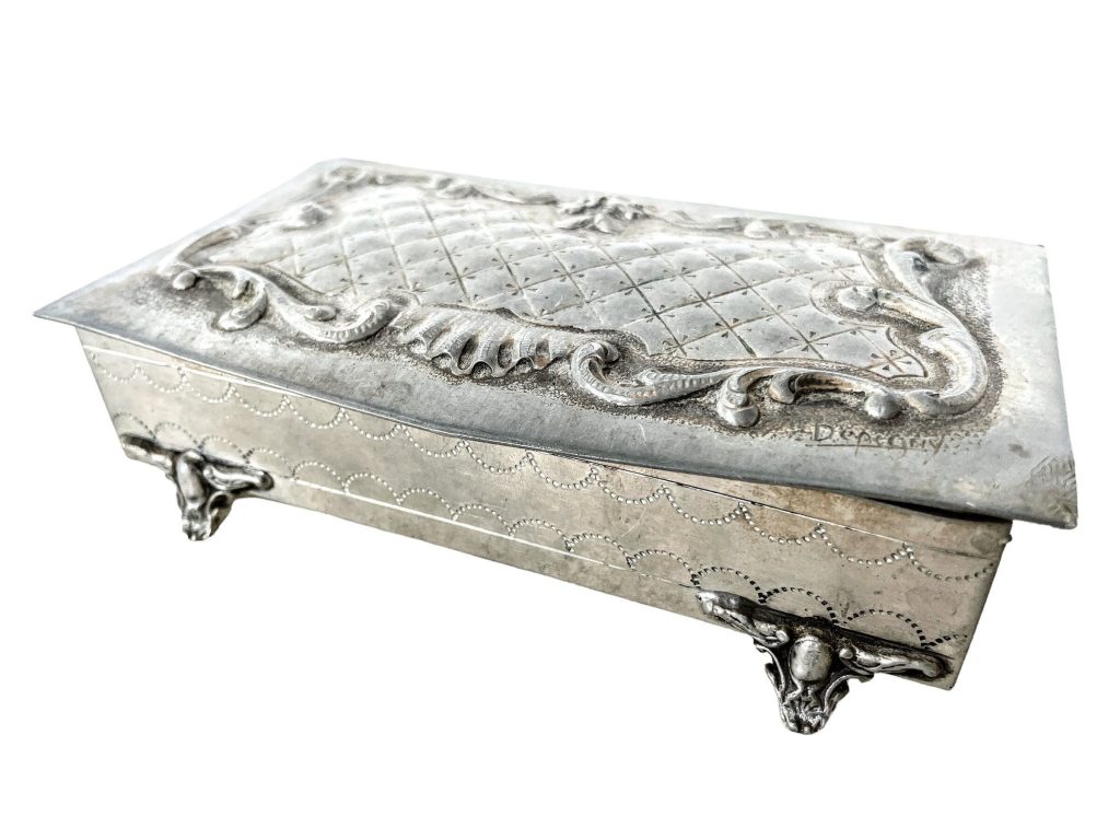 Vintage French Pewter Grey Metal Storage Box Jewellery Jewelry Signed Velvet Lined circa 1920-30’s