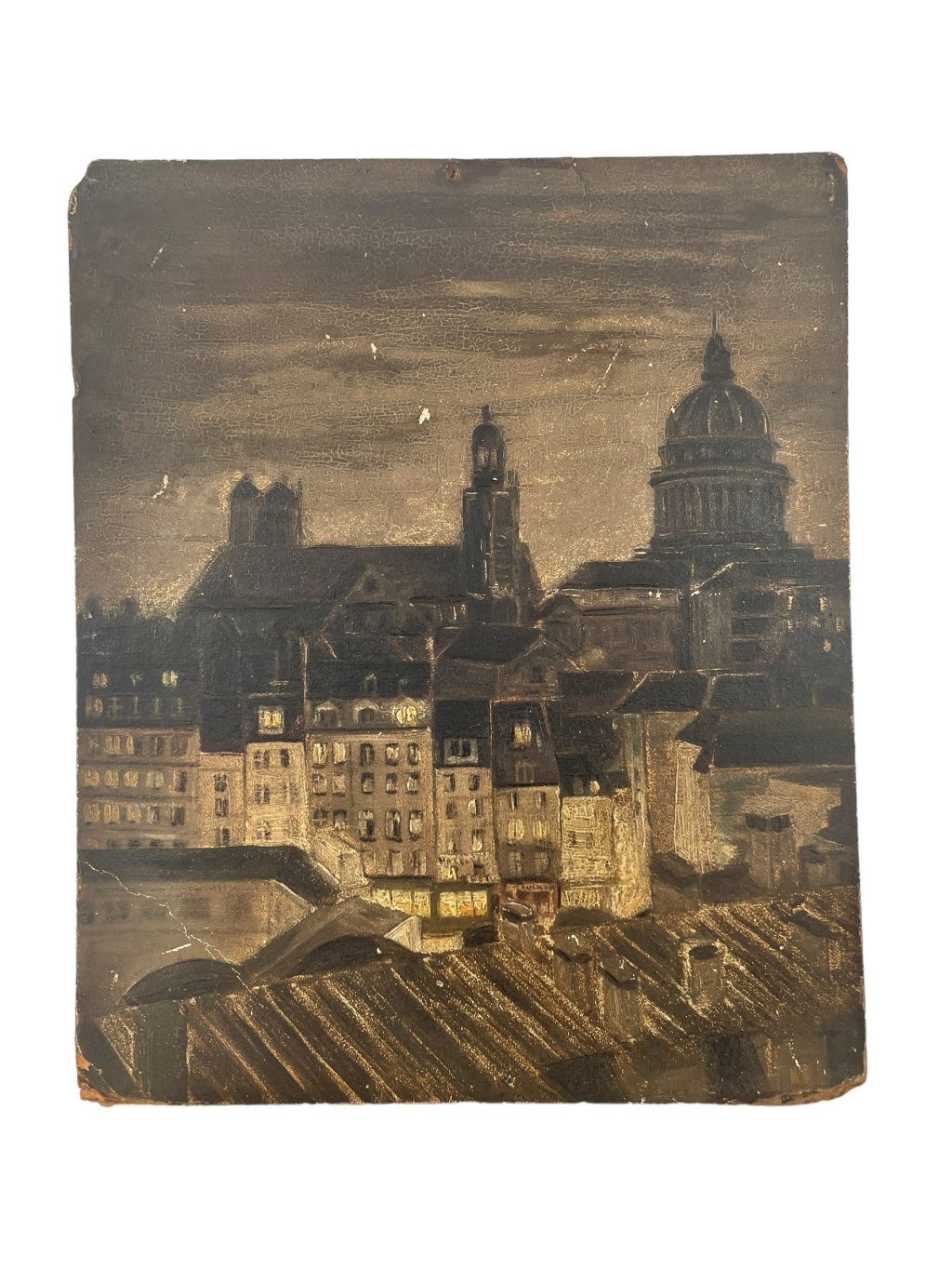 Vintage French Dark Paris Night Nightime House Painting On Hardboard Wall Decor circa 1930-50’s