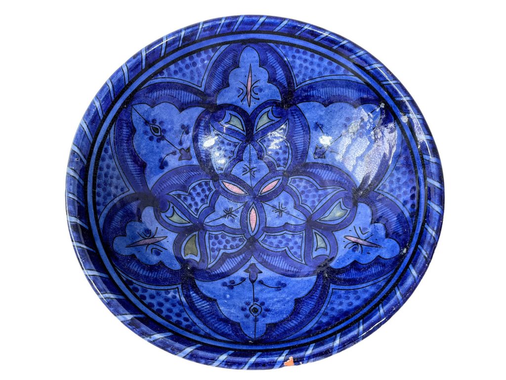 Vintage Moroccan Arabian Blue Glazed Brown Pottery Bowl Platter Dish Fruit Serving Storage Pot c1980-90’s