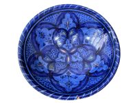 Vintage Moroccan Arabian Blue Glazed Brown Pottery Bowl Platter Dish Fruit Serving Storage Pot c1980-90's