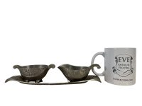 Alternative view of Vintage French Tarnished Metal Cream and Sugar Rose Decorated Serving Platter Dish Jug Pitcher Pot circa 1940-50's