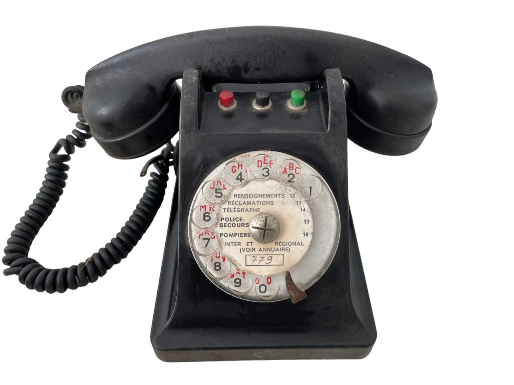 Vintage French Property of the State Black Bakelite Round Dial Telephone Phone circa 1950’s