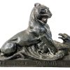 Antique French Base Metal Black The Winning Tiger Fighting Eagle Decorative Ornament Mantlepiece Decorative Tarnish Patina c1900-10's