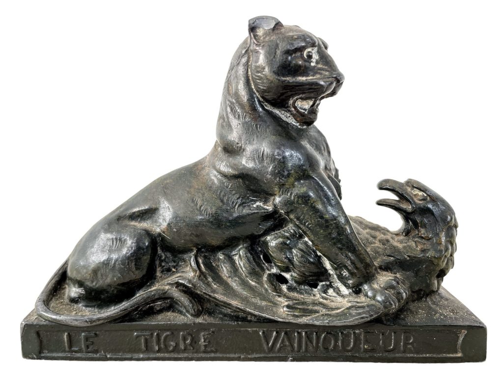 Antique French Base Metal Black The Winning Tiger Fighting Eagle Decorative Ornament Mantlepiece Decorative Tarnish Patina c1900-10’s