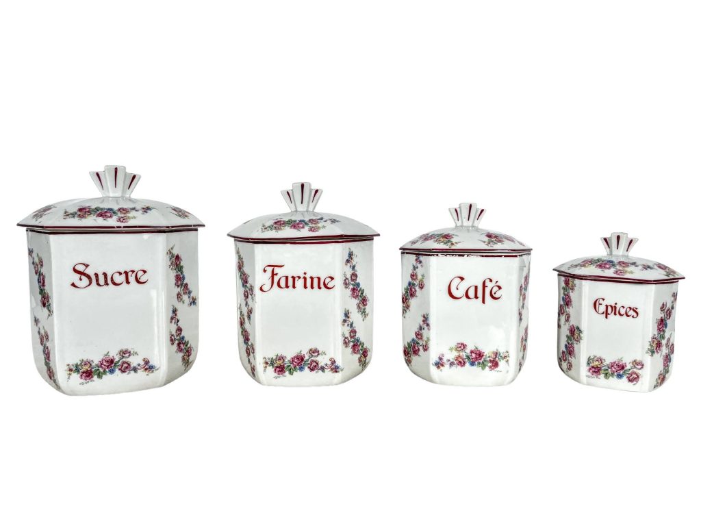 Vintage French Flour Sugar Coffee Spices Canister Storage Ceramic Set Pot Jar Tin Set circa 1950-60’s