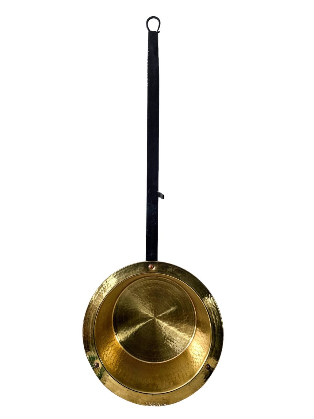 Vintage French Long Handled Handle Hanging Brass Iron Fire Stove Saucepan Pot Pan Cooking Kitchen Hanging Display c1980-90's