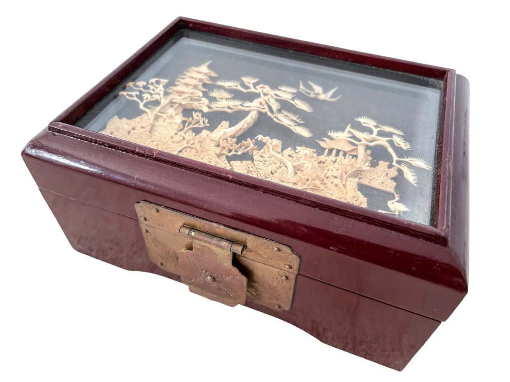 Antique Chinese Fine Cork Carving Decorated Storage Box Display Wooden Wood Desk Tidy Organiser Jewellery circa 1980-90’s