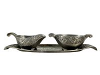 Vintage French Tarnished Metal Cream and Sugar Rose Decorated Serving Platter Dish Jug Pitcher Pot circa 1940-50's