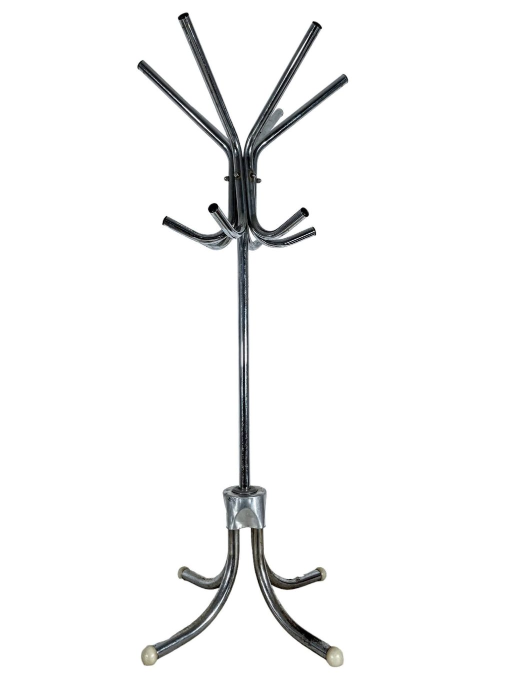Vintage French Chrome Coat Stand Storage Mid Century Modern Standing Silver Hook Hanging Display circa 1960-70’s