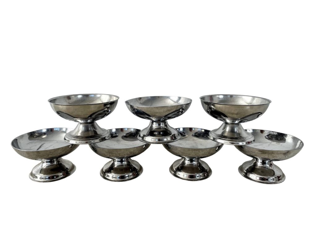 Vintage French Silver Steel Metal Small Ice Cream Sweet Pudding Cup Bowls Dishes Set Of Seven circa c1970-80’s