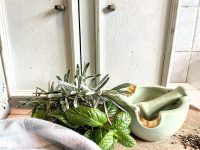 Vintage French Ceramic Mortar And Pestle Mixing Bowl Dish Table Herbs Spices Spells Food Decor Mint Green Gold c1950-60's