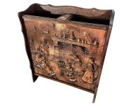 Vintage French Wood Wooden Copper Umbrella Walking Stick Stand Storage Container Entryway Hallway Hall Patina Prop c1970's