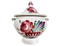 Antique German Ostfriesisch Sugar Bowl Ceramic Pot Container Storage Hand Painted Red Flowers c1900-10's