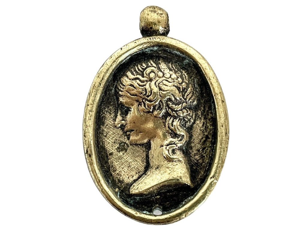 Antique French Brass Necklace Amulet Figurine Ladies Head Cameo Jewellery Jewelry c1910’s