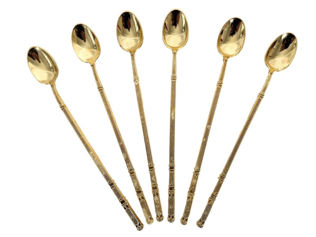 Vintage French Long Cocktail Spoon Set Six 6 Spoons Gold Coloured Plated circa 1970-80’s