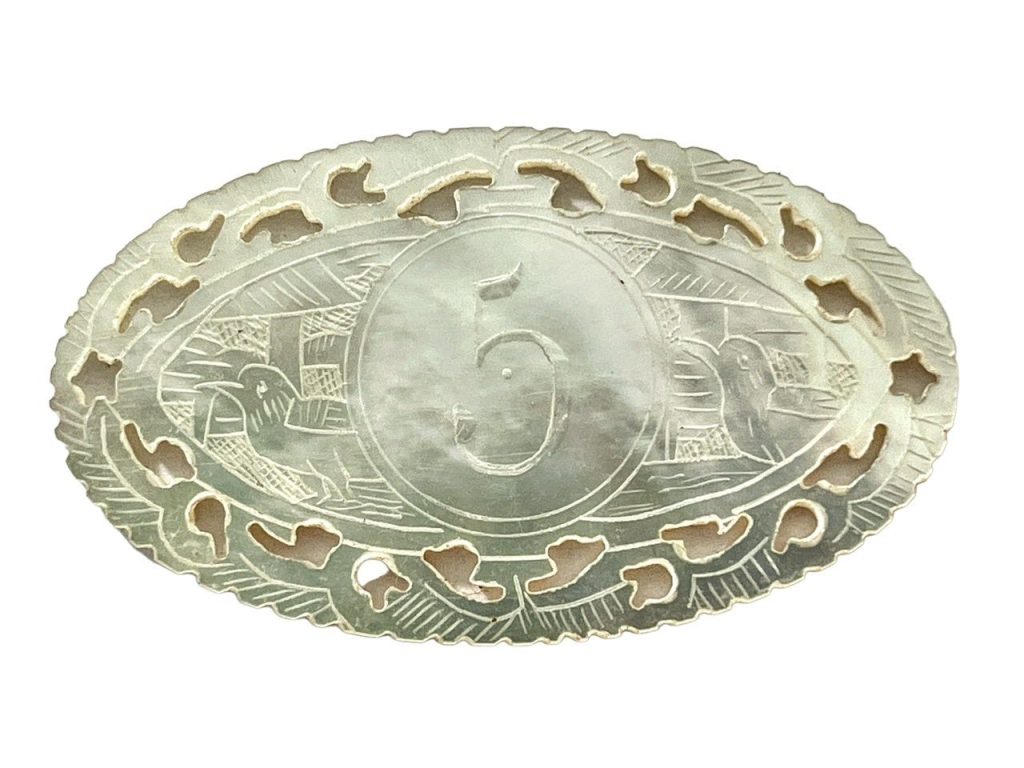Antique Chinese INDIVIDUAL Mother Of Pearl Lattice Edged Oval Gaming Chip Counter Token Engraved Chips Card Game Tokens c1850s