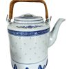 Vintage Chinese Tea Pot Teapot White Blue Rice Grain Pattern Asian Ceramic Ornament Serving Time Display circa 1970-80's