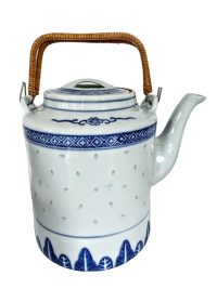 Vintage Chinese Tea Pot Teapot White Blue Rice Grain Pattern Asian Ceramic Ornament Serving Time Display circa 1970-80’s 2