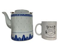 Alternative view of Vintage Chinese Tea Pot Teapot White Blue Rice Grain Pattern Asian Ceramic Ornament Serving Time Display circa 1970-80's