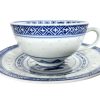 Vintage Chinese Tea Cup Saucer White Blue Rice Grain Pattern Asian Ceramic Ornament Serving Time Display circa 1970-80's