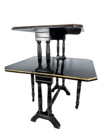 Antique French Folding Two Tier Table Wooden Black Gold Detailing Wood Shelf Side Table Stand Display Rest Plinth Furniture c1900’s 3