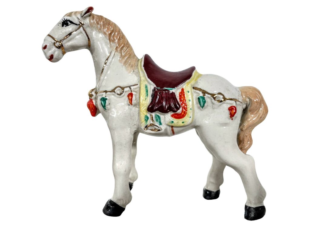 Vintage French Ceramic Decorated White Horse With Mascara Ornament Figurine Sculpture Statue circa 1960-70’s