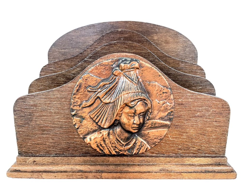 Vintage French Wood Wooden Asian Lady Themed Letter Menu Document Desk Stand Display Holder Storage File circa 1950-60's
