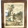Antique French Print Sepia Children Fishing Framed Glass Fronted FRAGILE DAMAGE circa 1850's