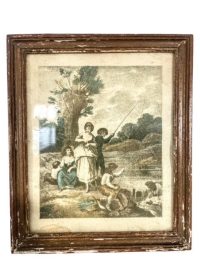 Antique French Print Sepia Children Fishing Framed Glass Fronted FRAGILE DAMAGE circa 1850’s