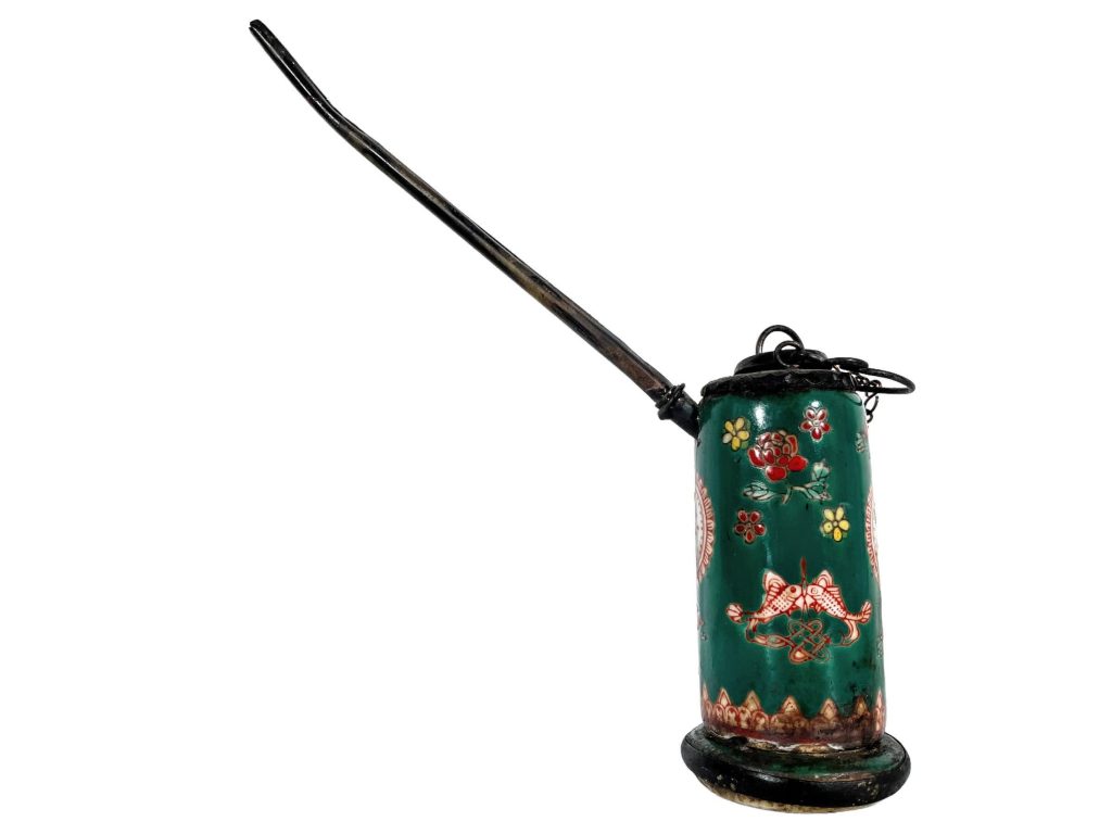 Antique Chinese Asian Green White Smoking Pipe Ceramic Metal Pot Jar Display Lid Prop Tobacciana circa 1910-20’s