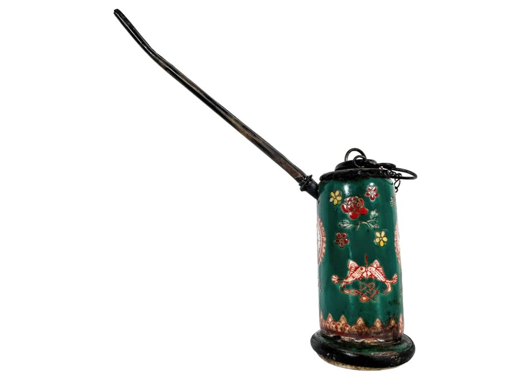Antique Chinese Asian Green White Smoking Pipe Ceramic Metal Pot Jar Display Lid Prop Tobacciana circa 1910-20's